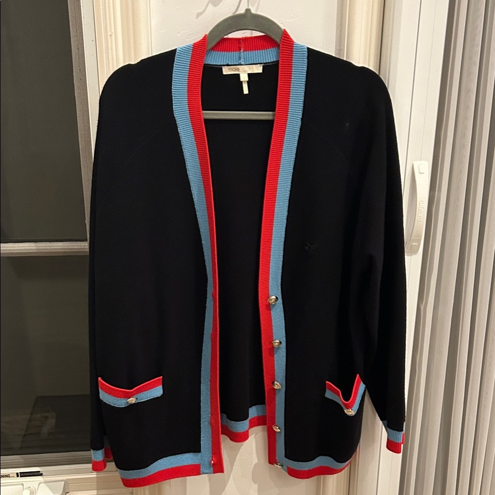 Maje Black Cardigan size 3 with Red and Blue Accents